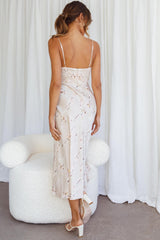 Lake Como Fitted Bodice Cami Strap Midi Dress Orchid Print Beige