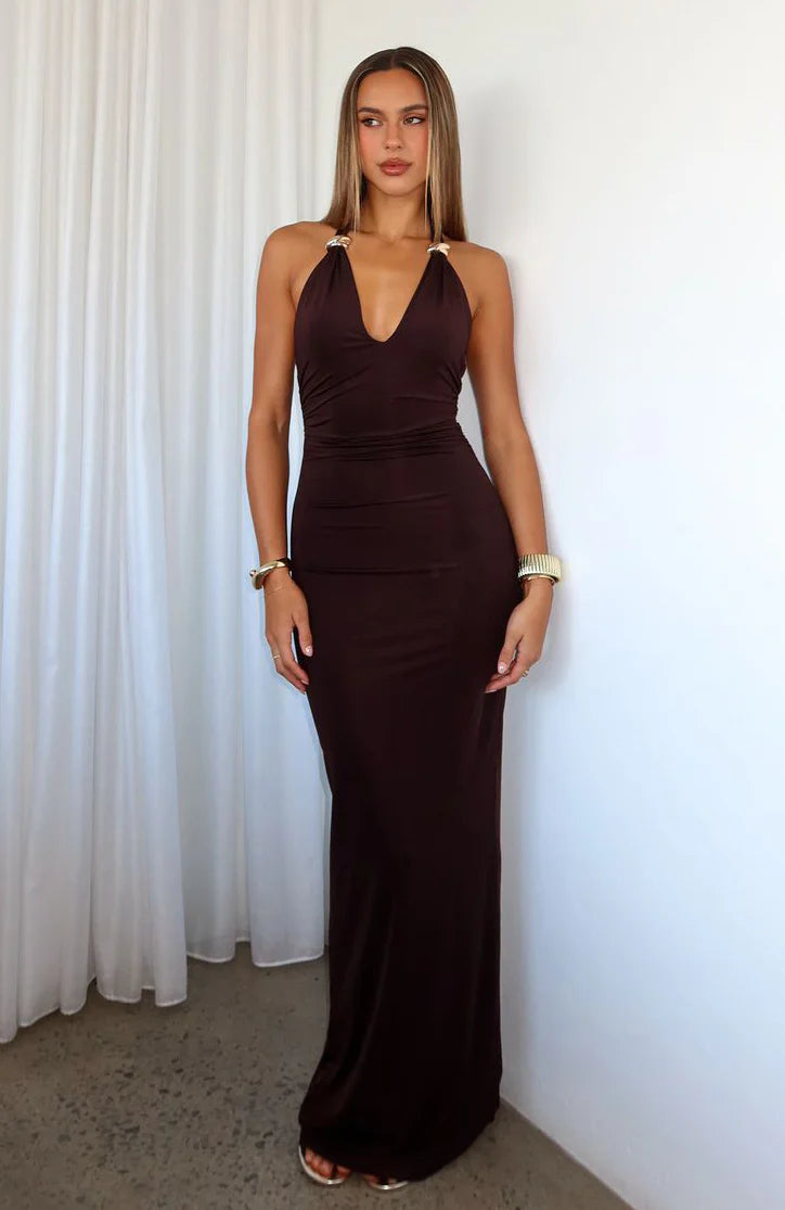 Waste A Moment Halter Maxi Dress Chocolate